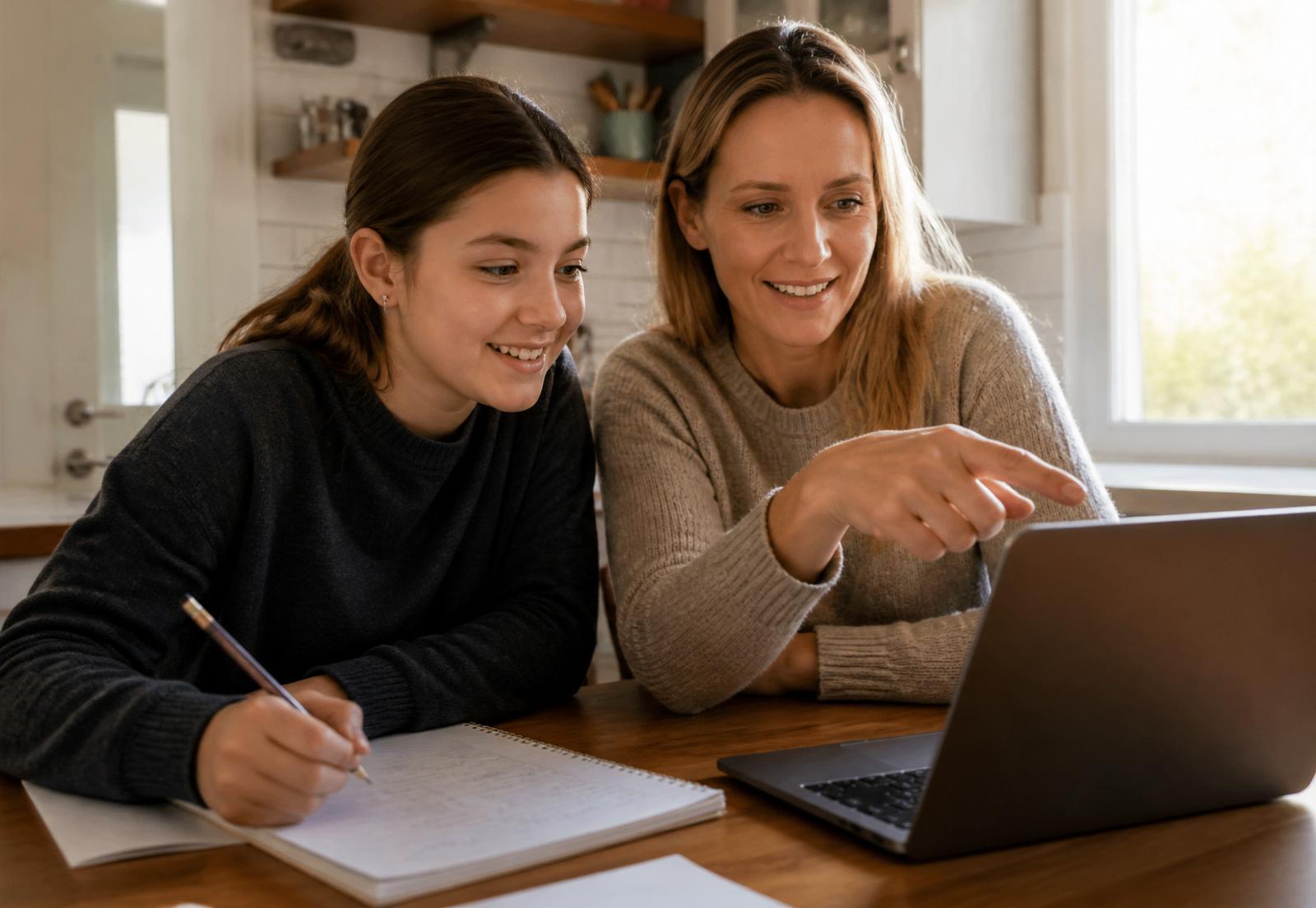 Parent and teenage student reviewing a math lesson together on a laptop
