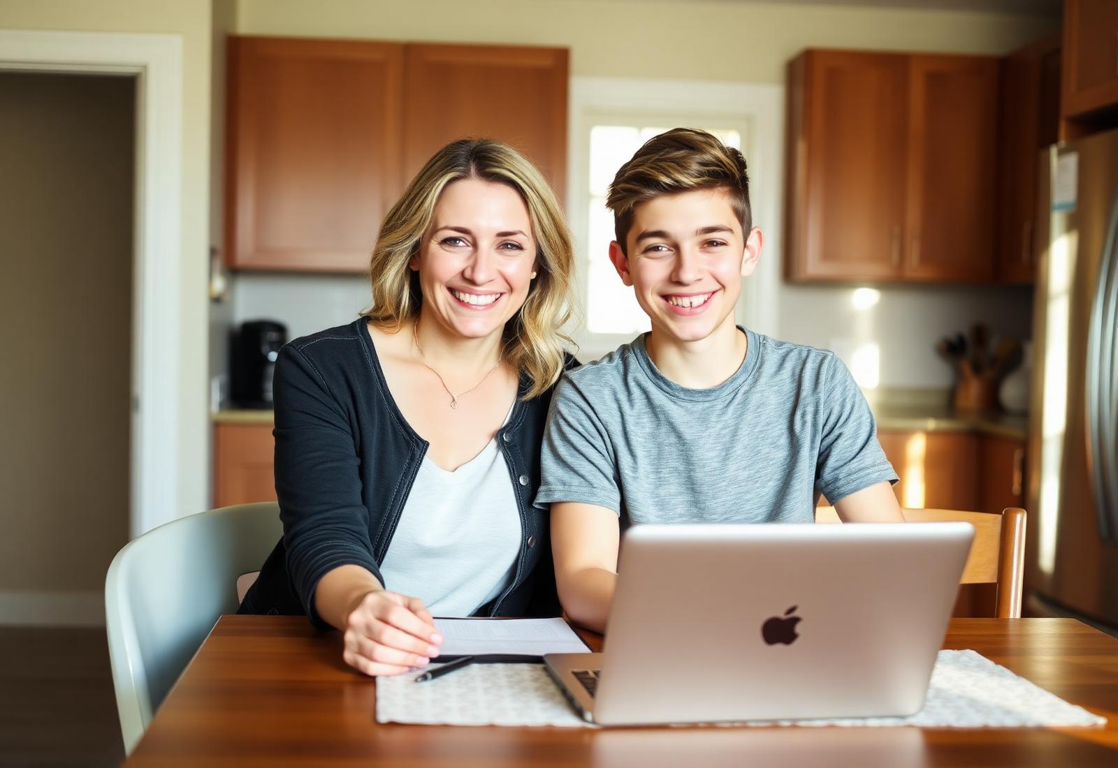 Parent and teenage student reviewing progress on a laptop at the kitchen table