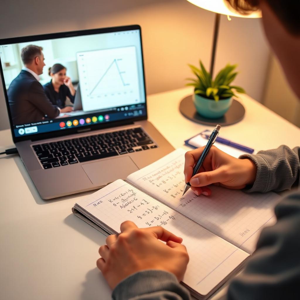 Student taking notes during a live math class